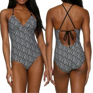 Helen Jon Tie Back One Piece in Sunset Key Black White XL Gold Beads Swimsuit